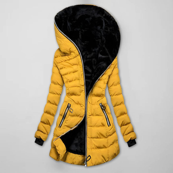 Women's Long Quilted Winter Jacket with Hood - Warm Lined and Windproof