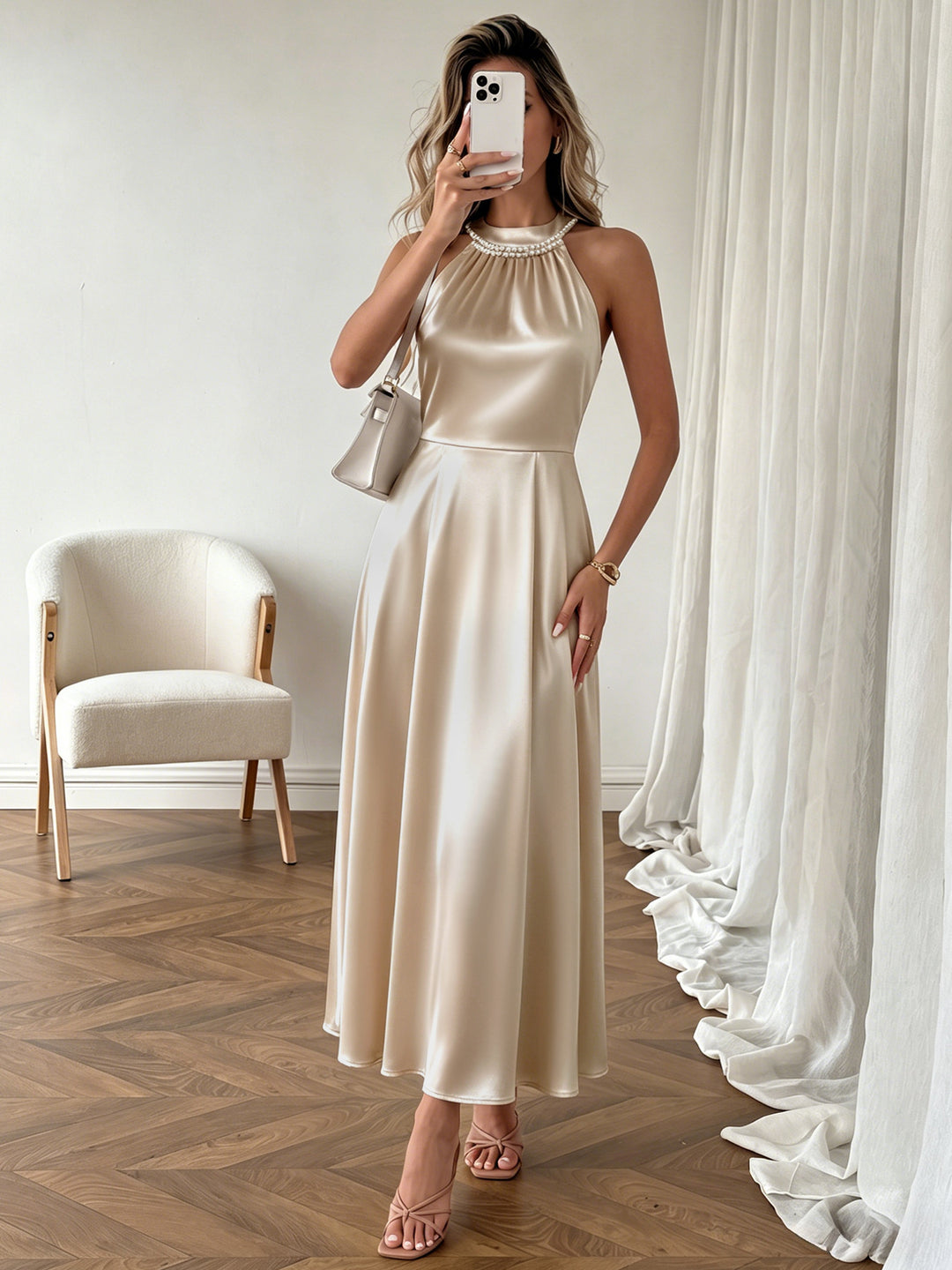 Pearl Halter Women's Midi Dress for Homecoming