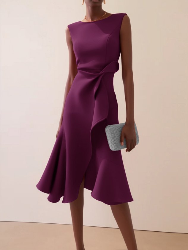 Red Round-Neck Women's Midi Dress for Homecoming