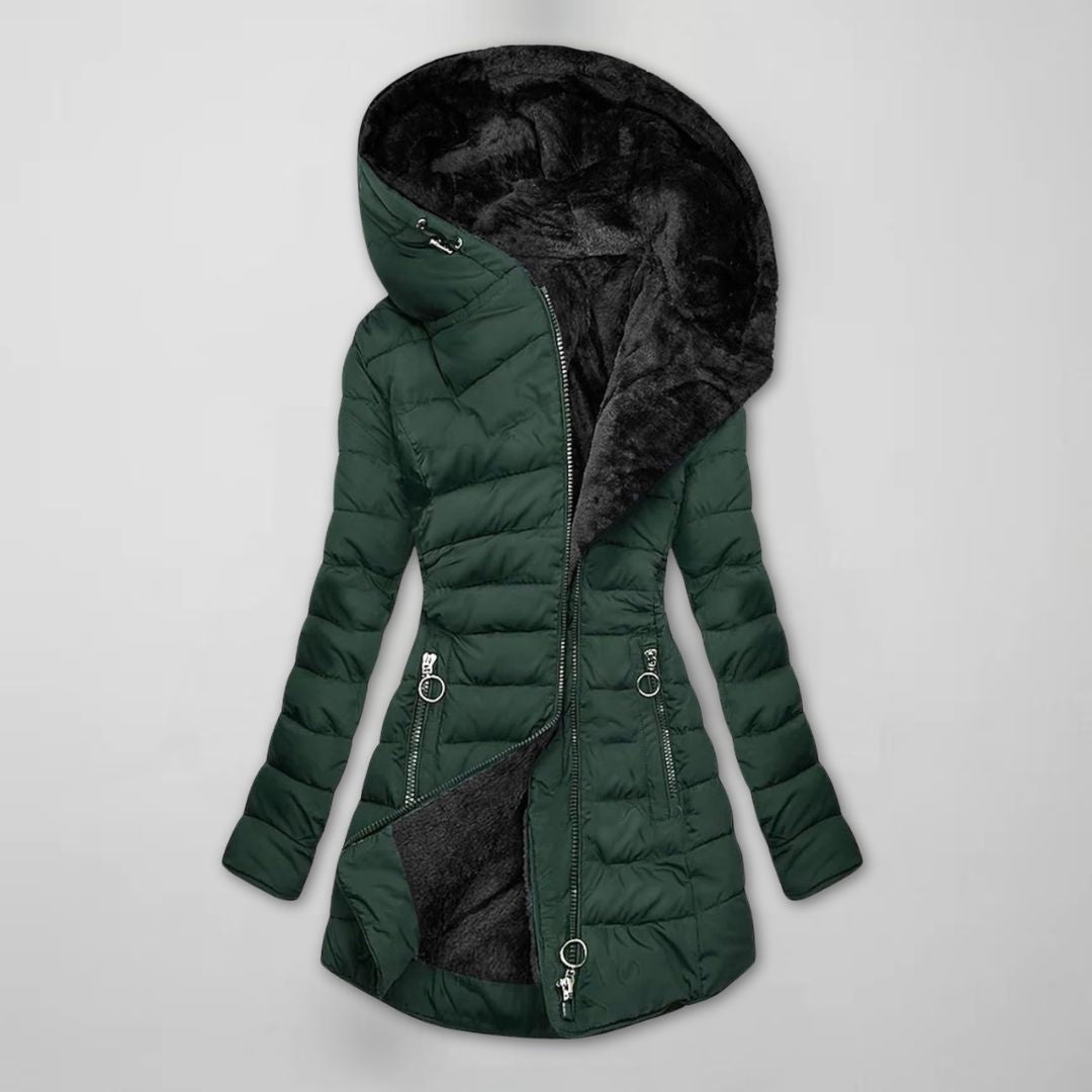 Women's Long Quilted Winter Jacket with Hood - Warm Lined and Windproof