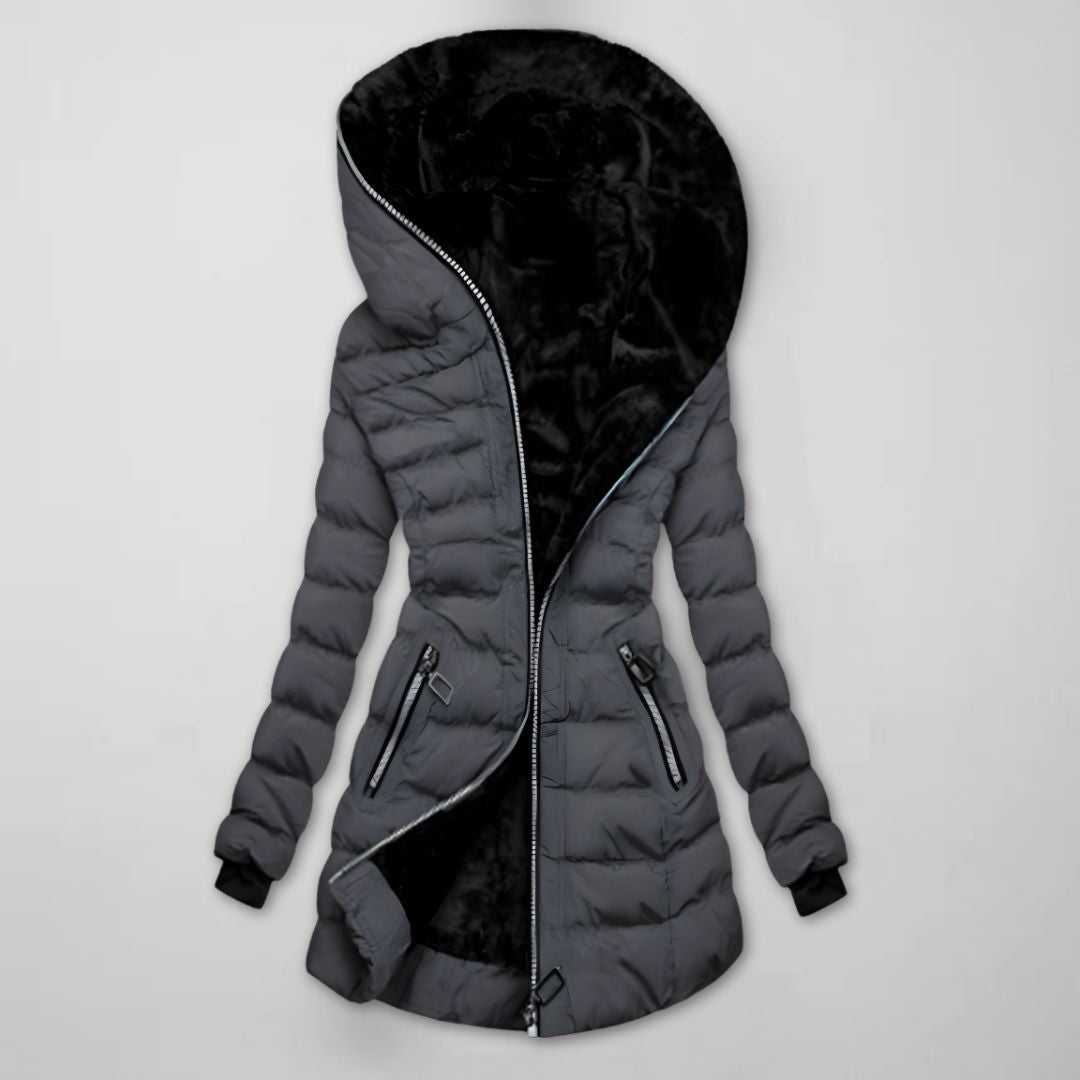 Women's Long Quilted Winter Jacket with Hood - Warm Lined and Windproof