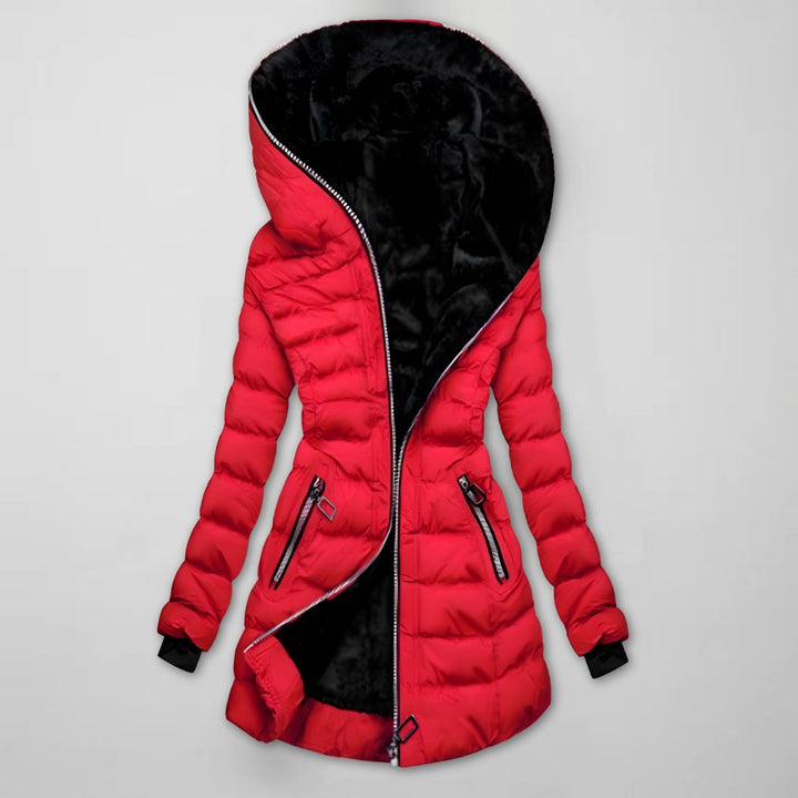 Women's Long Quilted Winter Jacket with Hood - Warm Lined and Windproof