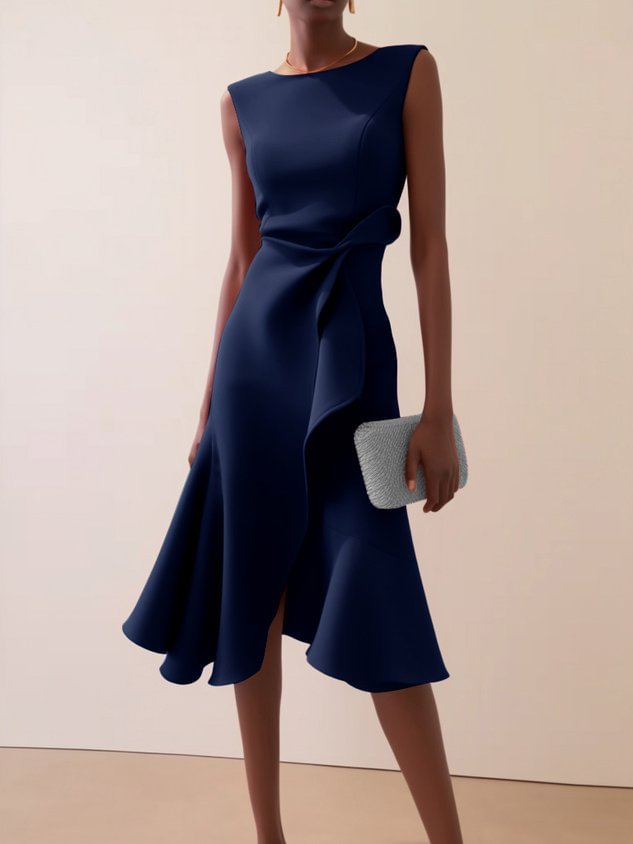 Red Round-Neck Women's Midi Dress for Homecoming
