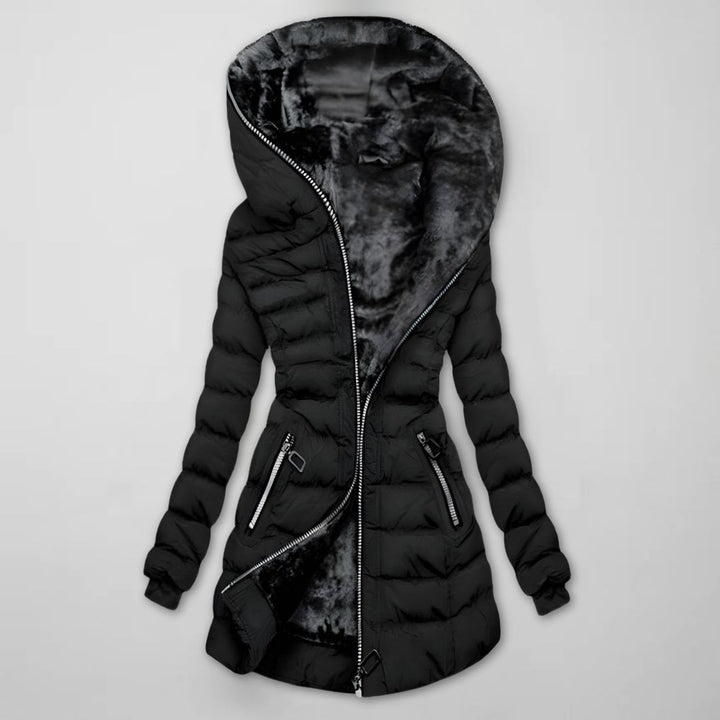 Women's Long Quilted Winter Jacket with Hood - Warm Lined and Windproof