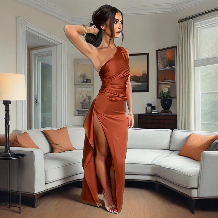 Satin One-Shoulder Slit Women's Midi Dress for Homecoming