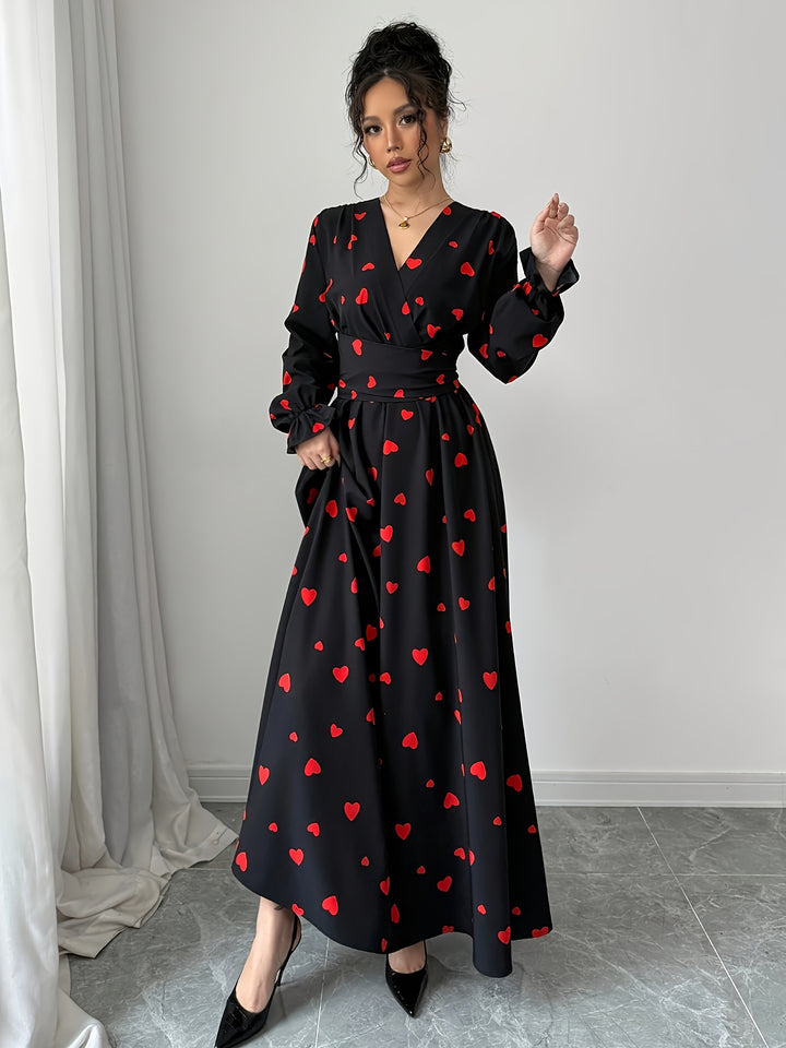 V-Neck Floral Black Women's Midi Dress for Homecoming