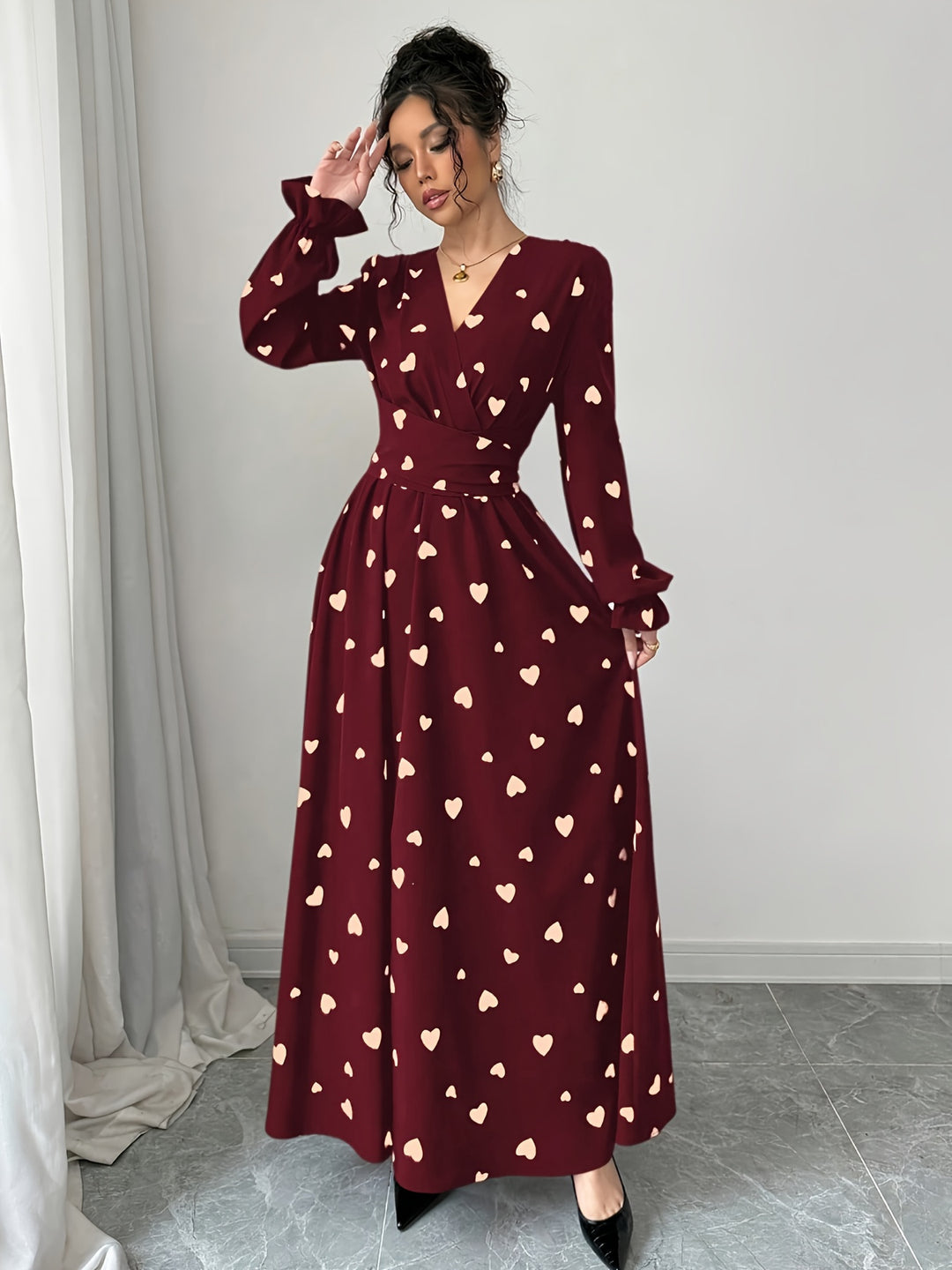 V-Neck Floral Black Women's Midi Dress for Homecoming