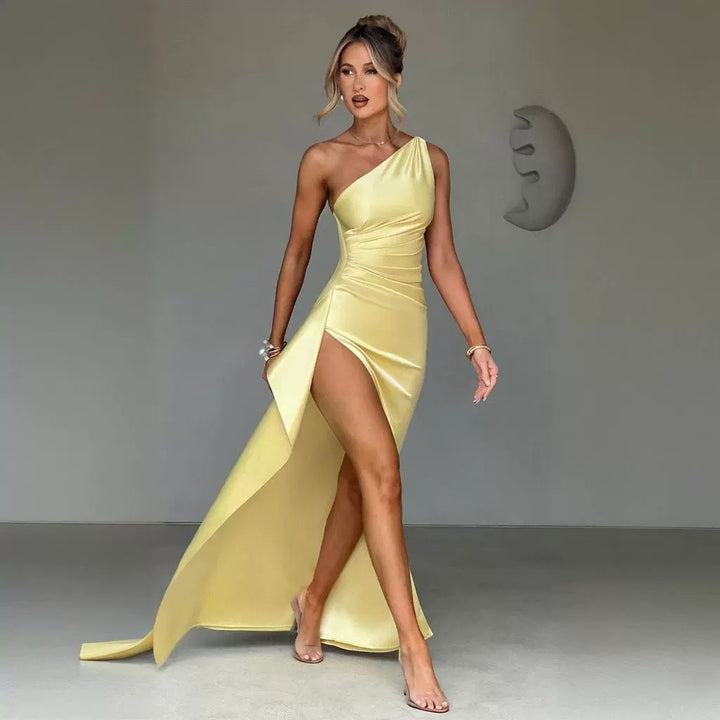 Satin One-Shoulder Slit Women's Midi Dress for Homecoming