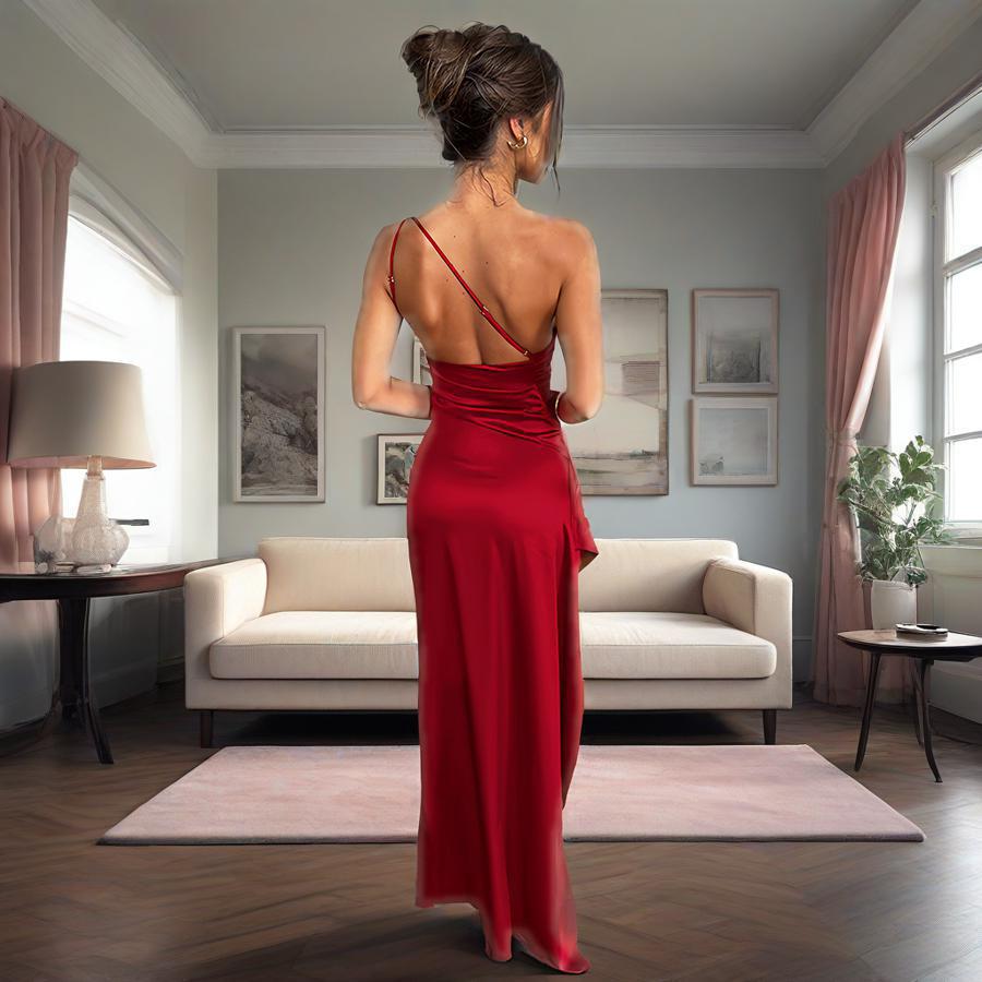 Satin One-Shoulder Slit Women's Midi Dress for Homecoming