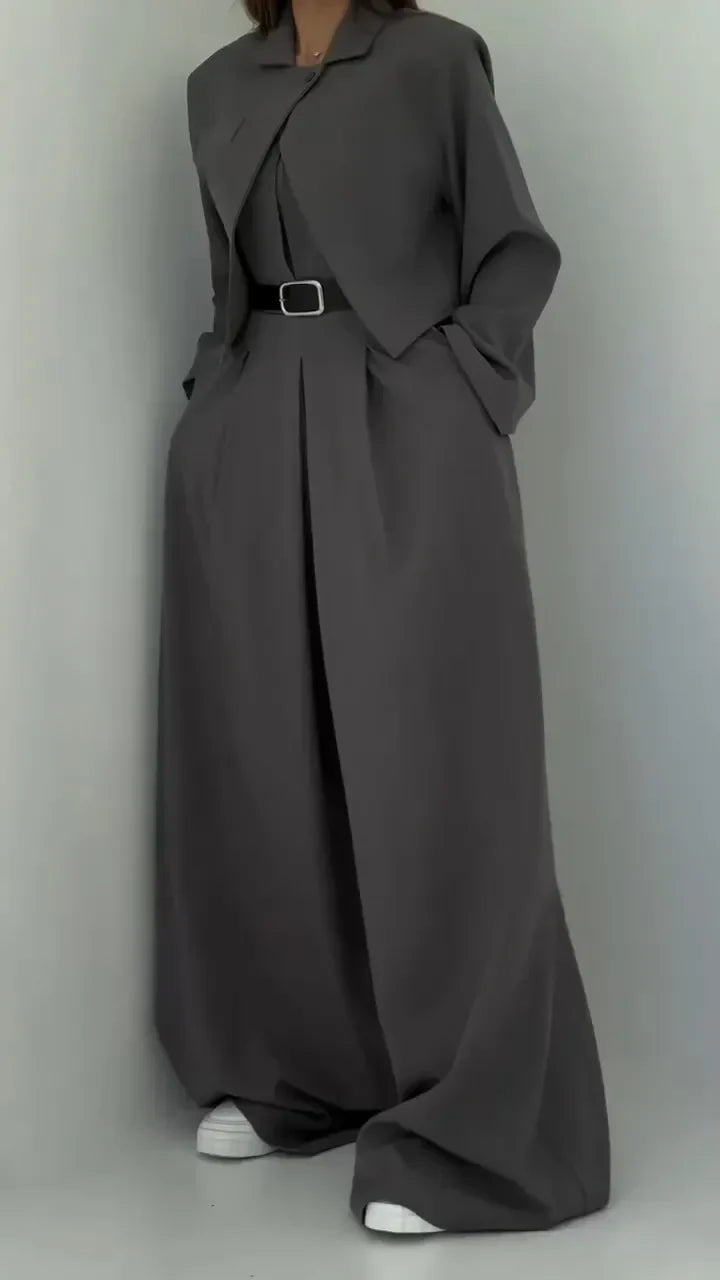 Women's Elegant Bustier Set with Jacket - Wide-Leg Pants and Structured Top