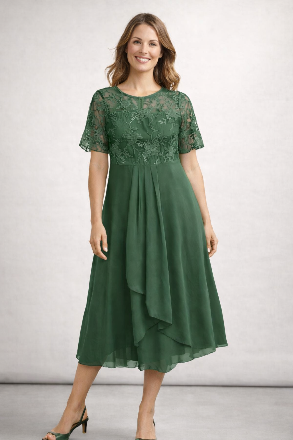 Elegant Lace & Chiffon Short Sleeve Women's Midi Dress