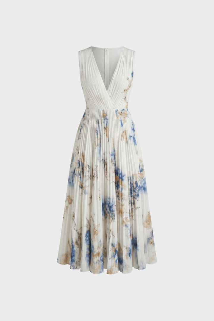 Elegant Pleated Women's Midi Dress with V-Neck