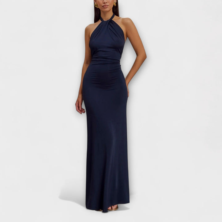 Elegant Women's Halterneck Maxi Dress - Bodycon with Deep Open Back
