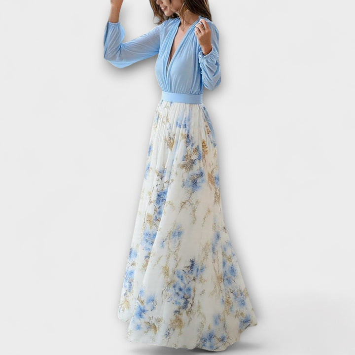 Women's Floral Print Maxi Dress with V-Neck - Flowy and Lightweight