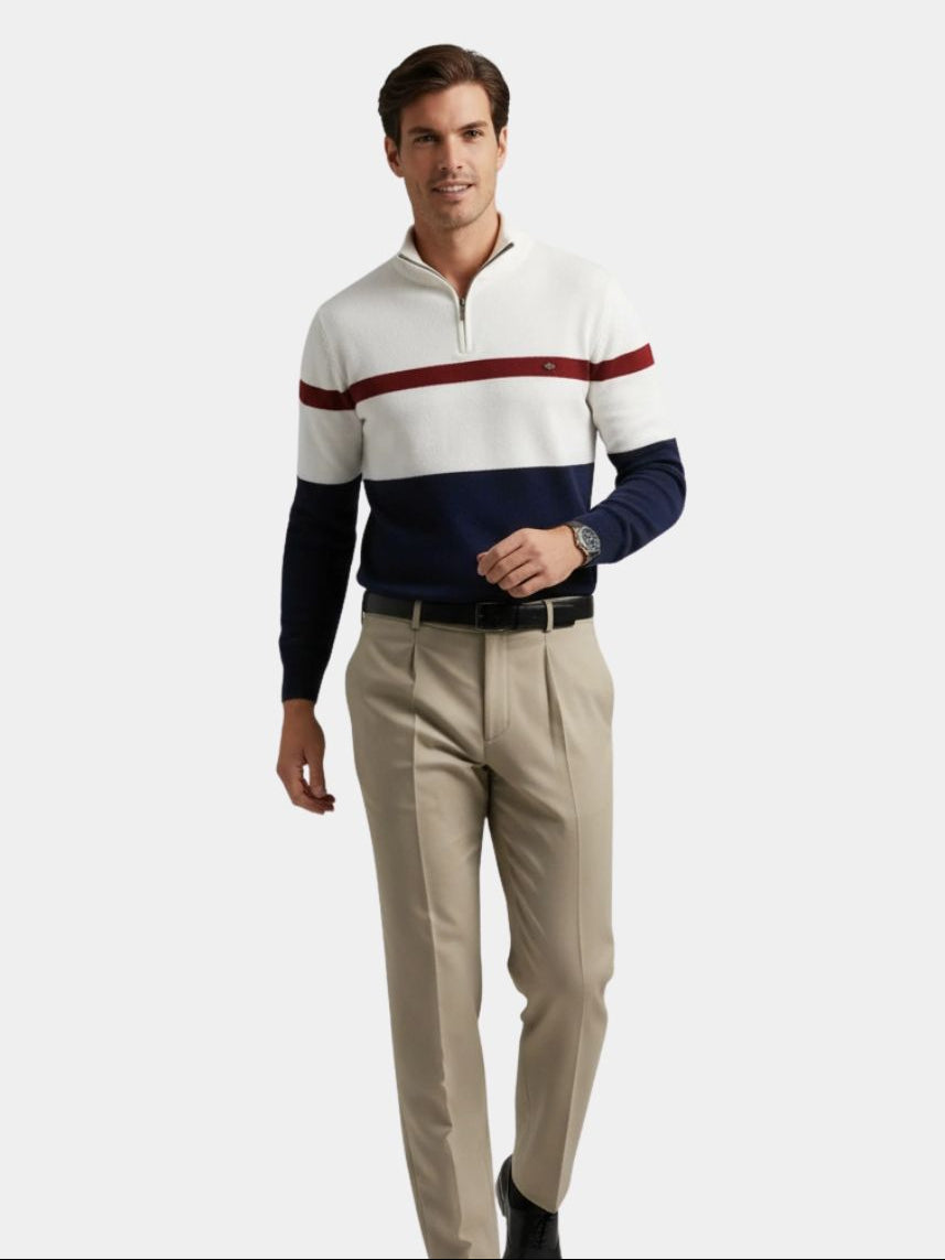 Men's Quarter-Zip Pullover with Stand Collar - Premium Cotton Long Sleeve