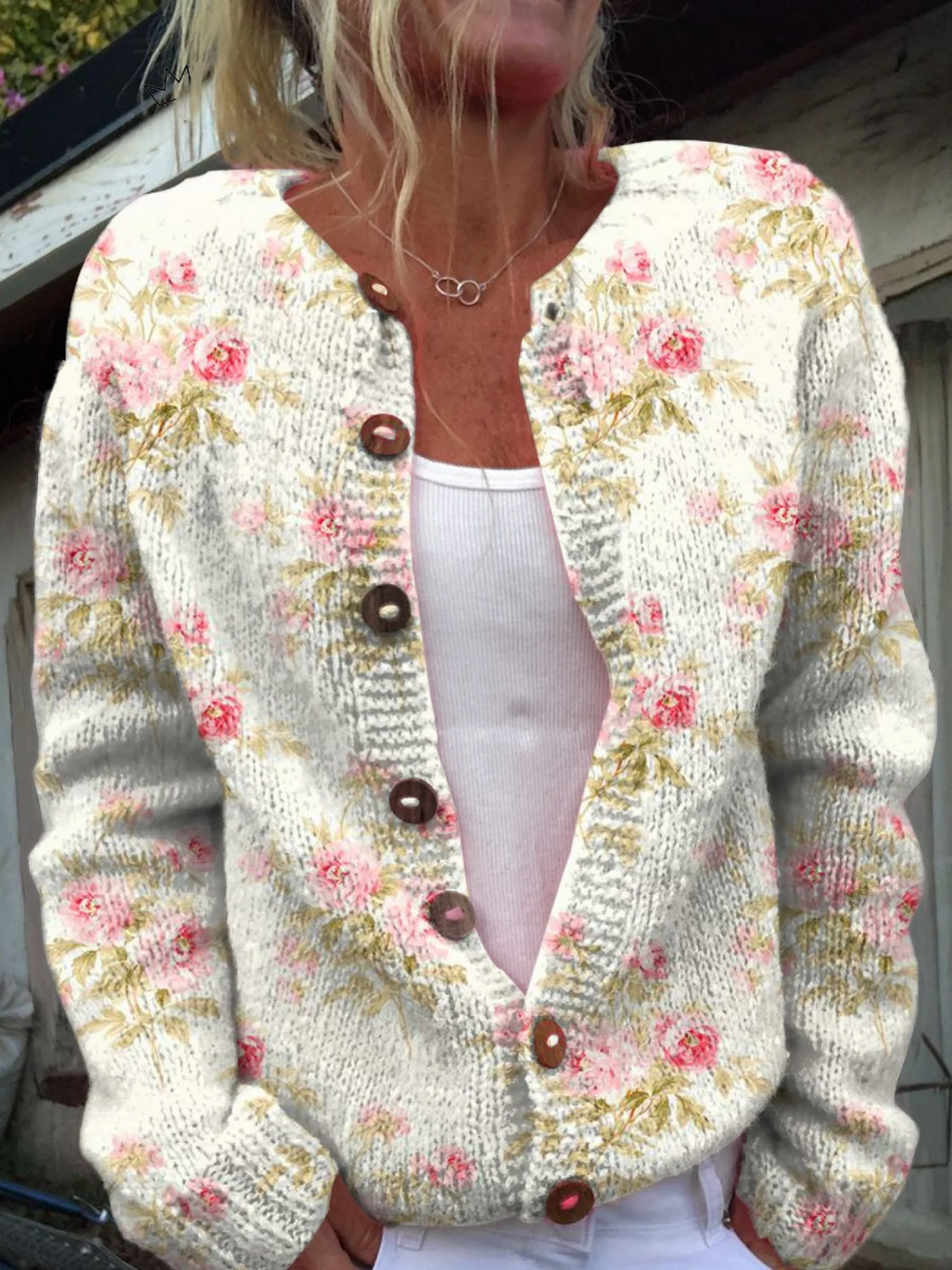 Women's Pink Floral Knit Cardigan with Leaf Pattern - Elegant Button-Up Cardigan