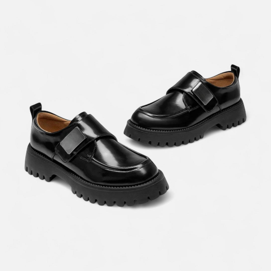 Elegant Women's Leather Derby Shoes with Round Toe and Buckle Closure