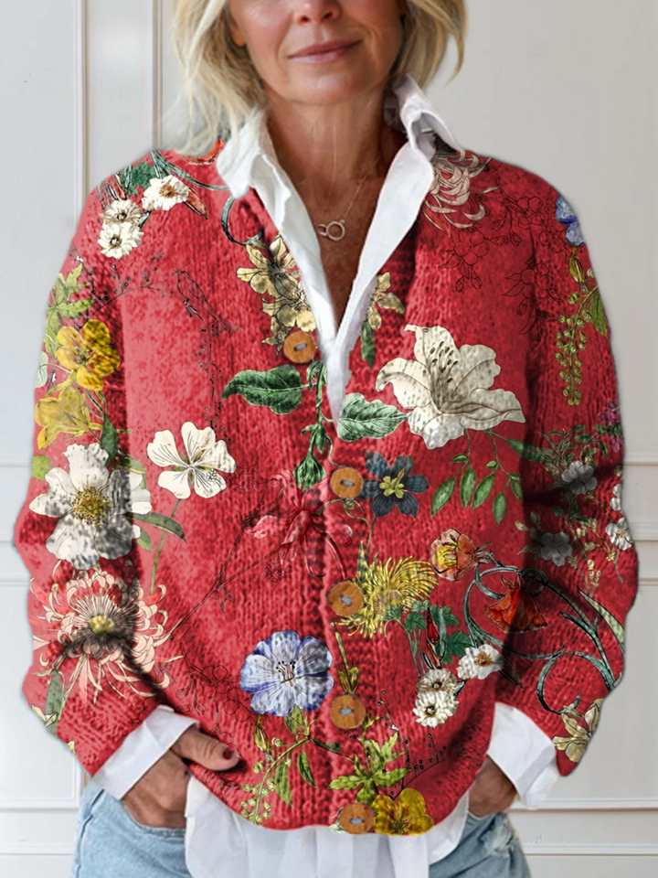 Elegant Women's Knit Cardigan with Vintage Floral Pattern