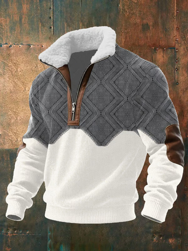 Warm Men's Zip-Up Knit Sweater with Fur Collar