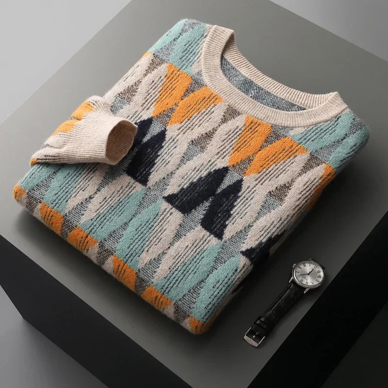 Men's Textured Pullover with Geometric Lines - Lightweight Knit