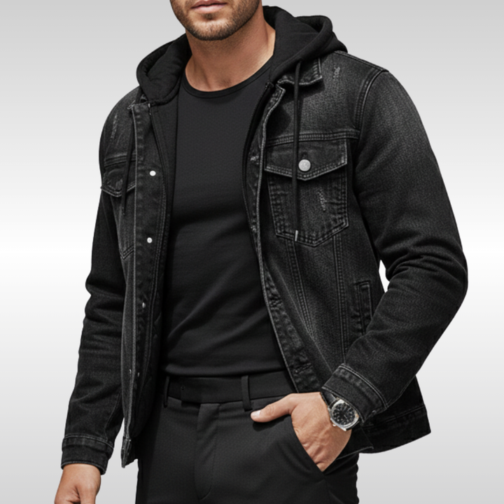 Men's Lined Denim Jacket with Removable Hood for Winter