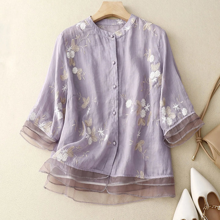 Elegant Women's Blouse with Floral Embroidery and Mesh Details - Airy Linen Blend