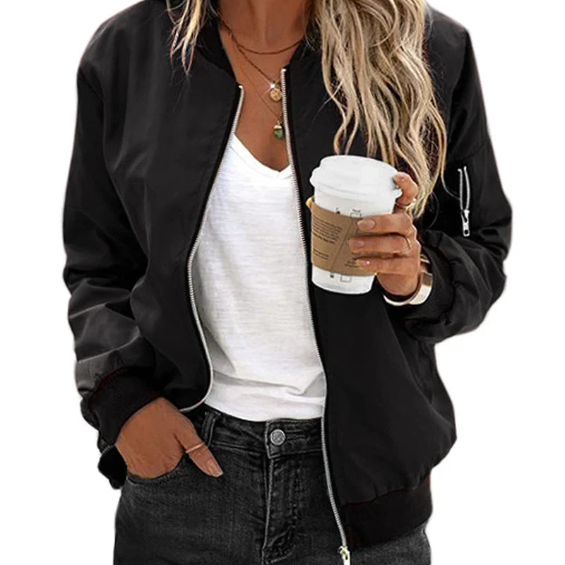 Women's Short Bomber Jacket with Zipper - Athletic-Elegant Transitional Jacket