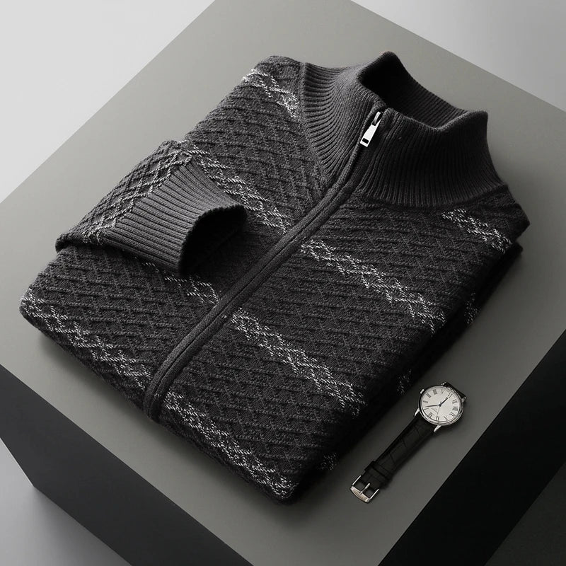 Men's Nordic Knit Zip Jacket with Woven Pattern