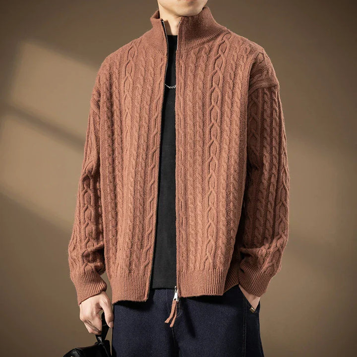 Men's Zip Cardigan with Textured Knit - High Collar