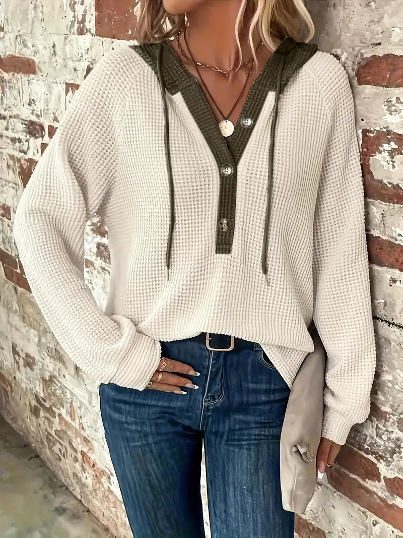 Women's Long Sleeve Hoodie with Front Buttons - Soft Waffle Knit Texture and Adjustable Hood