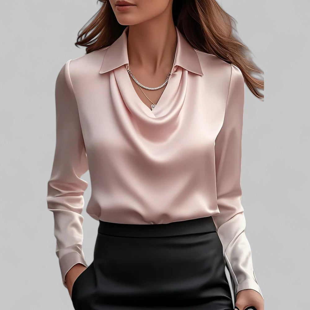 Elegant Satin Waterfall Neckline Women's Blouse