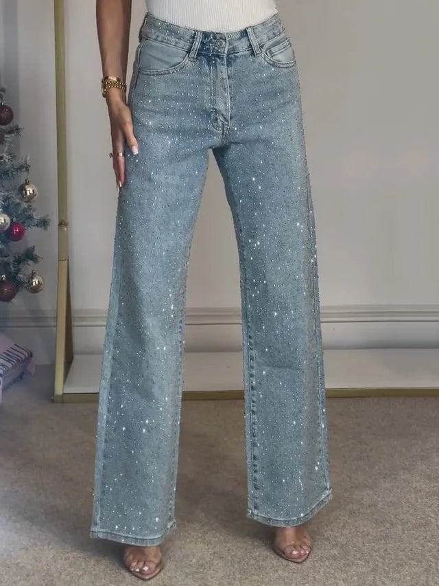 Women's Straight-Cut Jeans with Rhinestone Embellishment