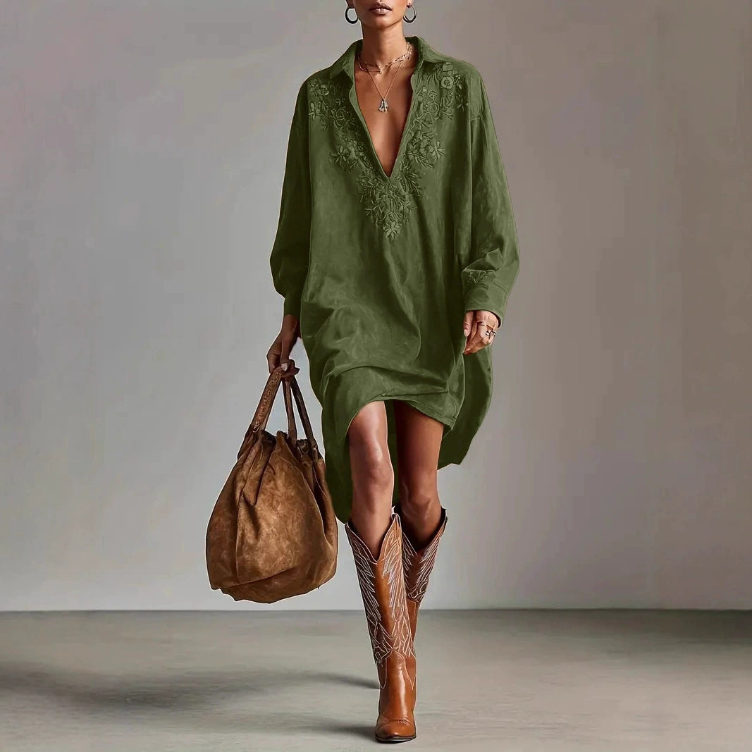 Women's Embroidered Midi Dress - Faux Suede Bohemian Dress Long Sleeve