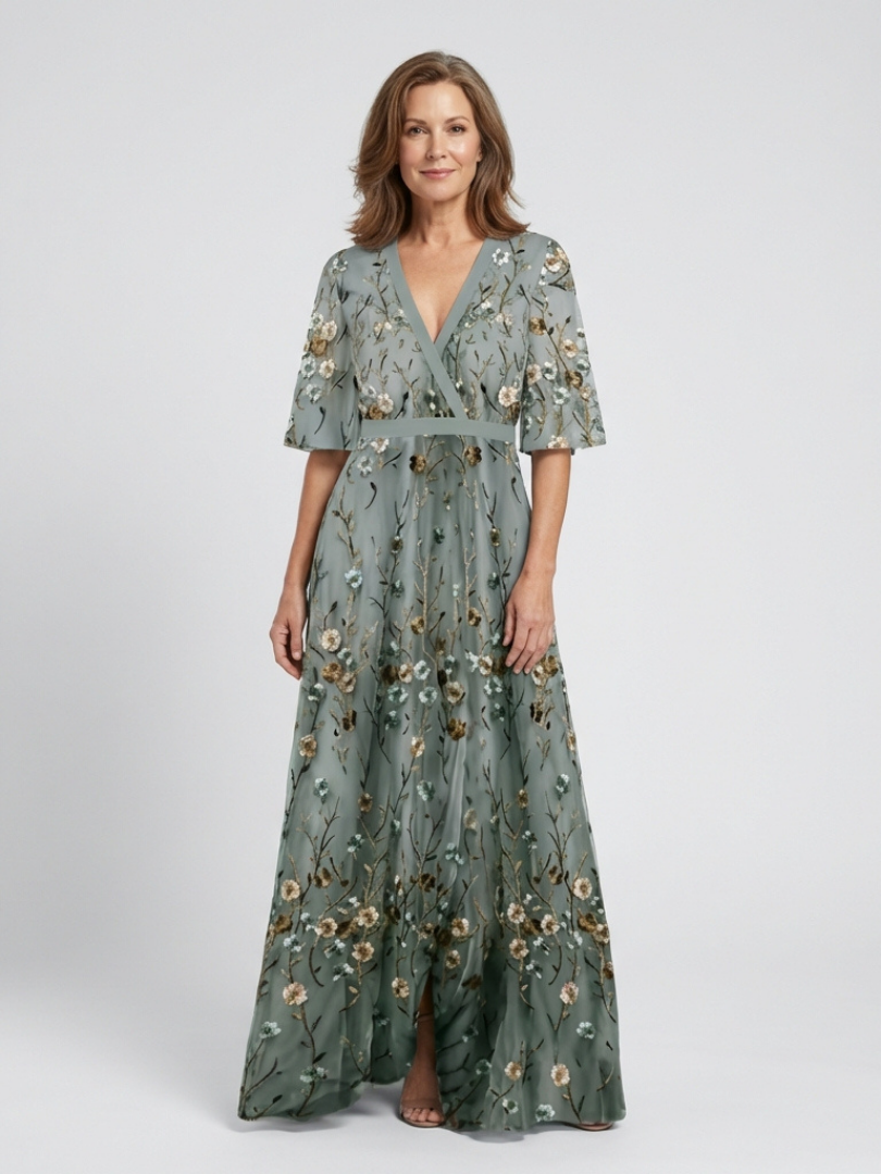 Elegant Floral Women's V-Neck Short Sleeve Maxi Dress