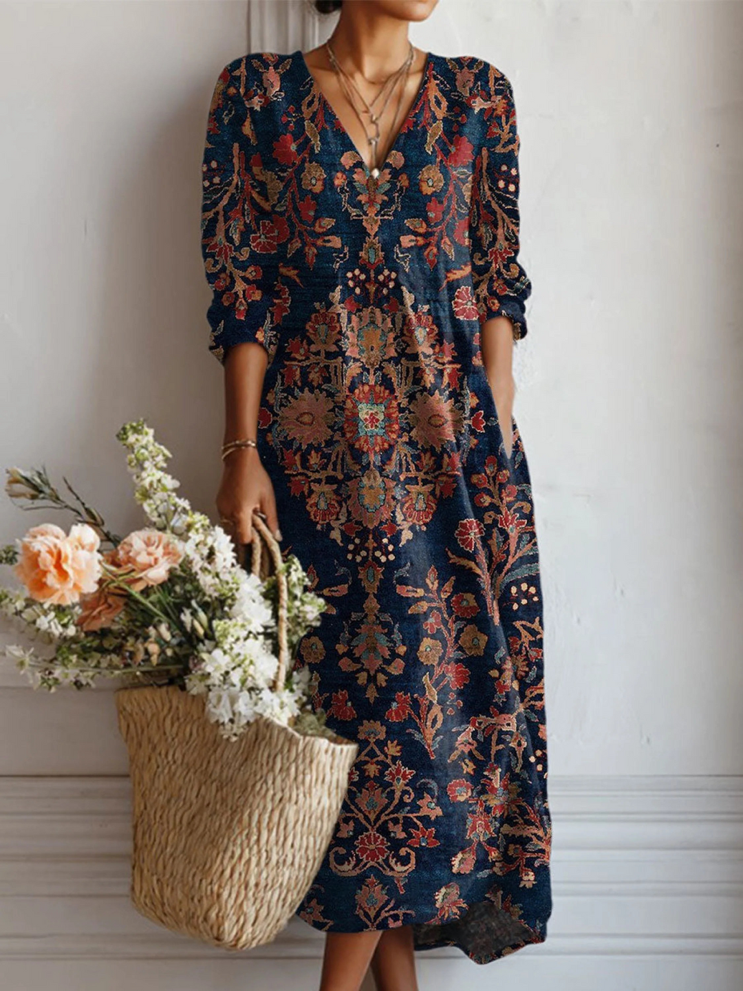 Women's Vintage Floral Tunic Dress with Linen and Pockets
