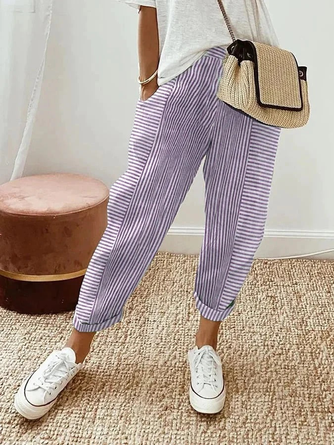 Lightweight Striped Women Cropped Summer Pants