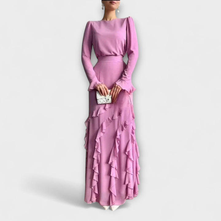Elegant Women's Long Slim Fit Dress with Three-Dimensional Ruffles