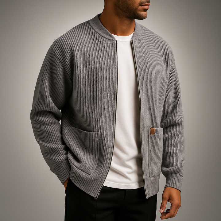 Men's Textured Knit Pullover with Stand Collar - Modern Rib Knit