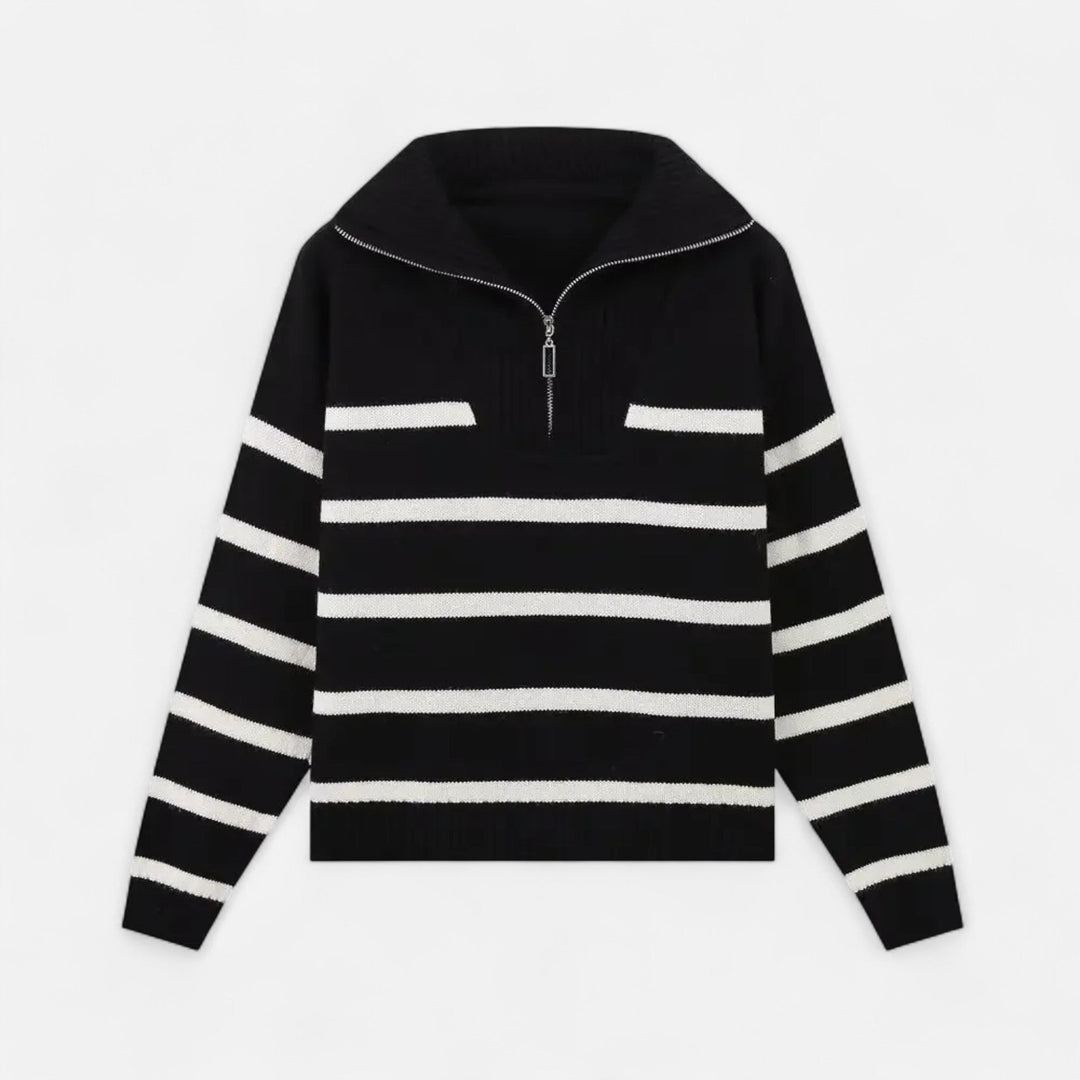 Women's Striped Polo Sweater with Half-Zip - Elegant Fall Fashion