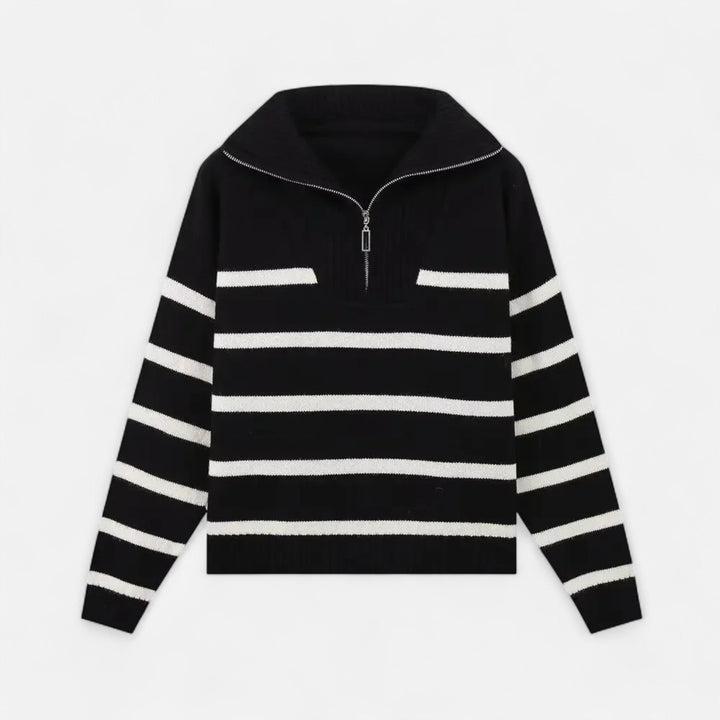 Women's Striped Polo Sweater with Half-Zip - Elegant Fall Fashion