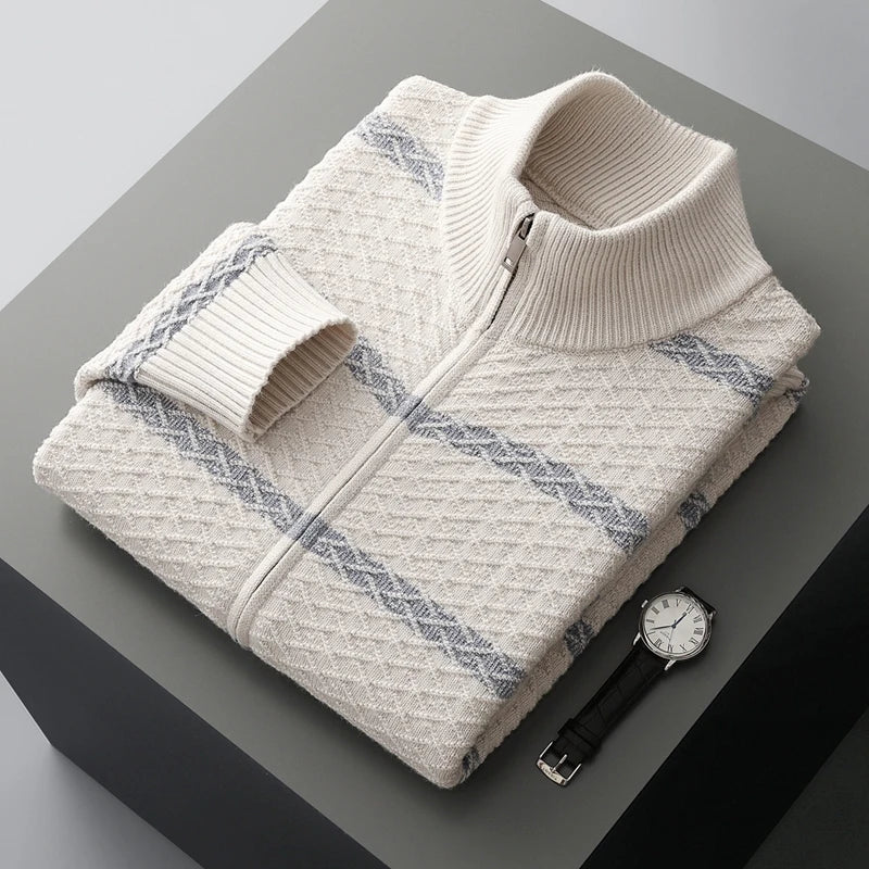 Men's Nordic Knit Zip Jacket with Woven Pattern
