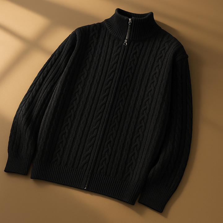 Men's Zip Cardigan with Textured Knit - High Collar