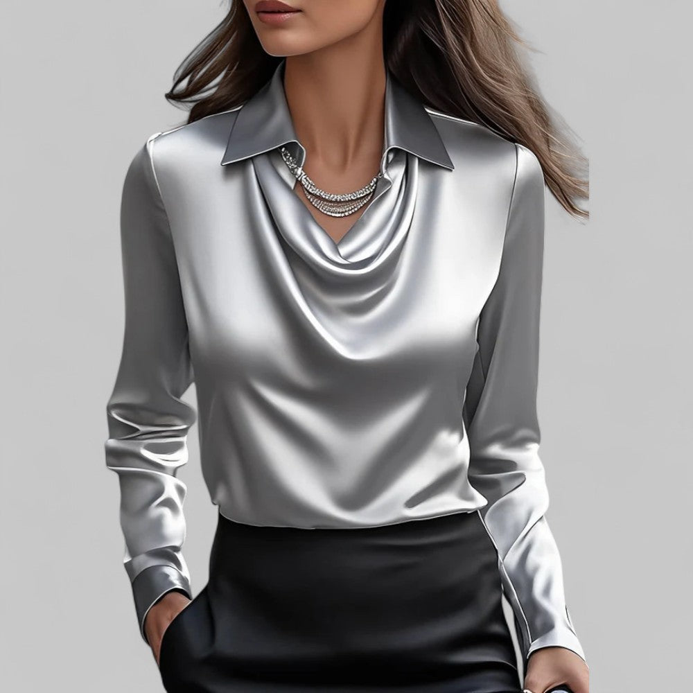 Elegant Satin Waterfall Neckline Women's Blouse