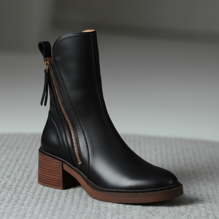 Elegant Women's Leather Ankle Boots with Block Heel - Comfortable Ankle Boots
