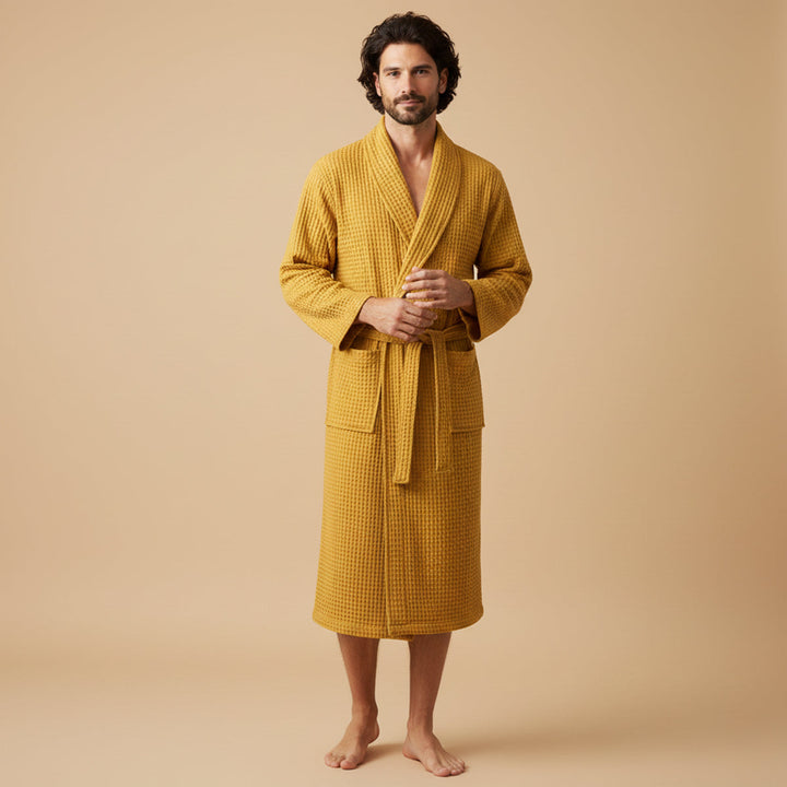 Lightweight Cotton Waffle Men's Spa Bathrobe with Belt