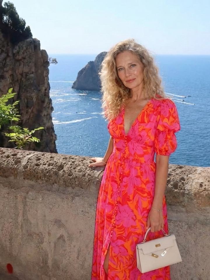 Elegant Floral Women's V-Neck Puff Sleeve Midi Dress