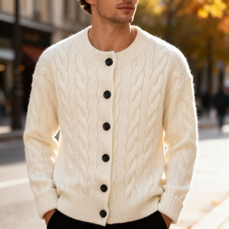Classic Men's Cable Knit Cardigan with Button Placket