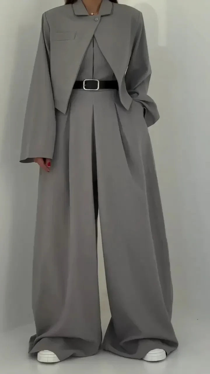 Women's Elegant Bustier Set with Jacket - Wide-Leg Pants and Structured Top