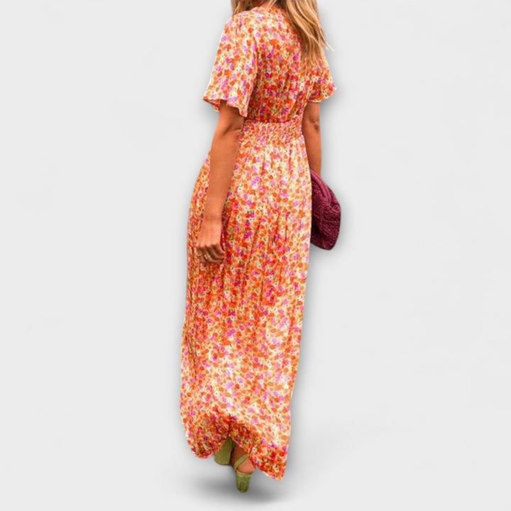 Classic Women's V-Neck Dress with Floral Pattern - Short Sleeve