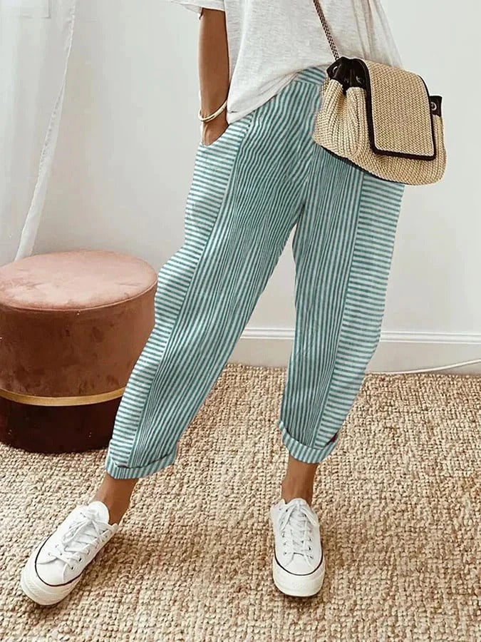 Lightweight Striped Women Cropped Summer Pants